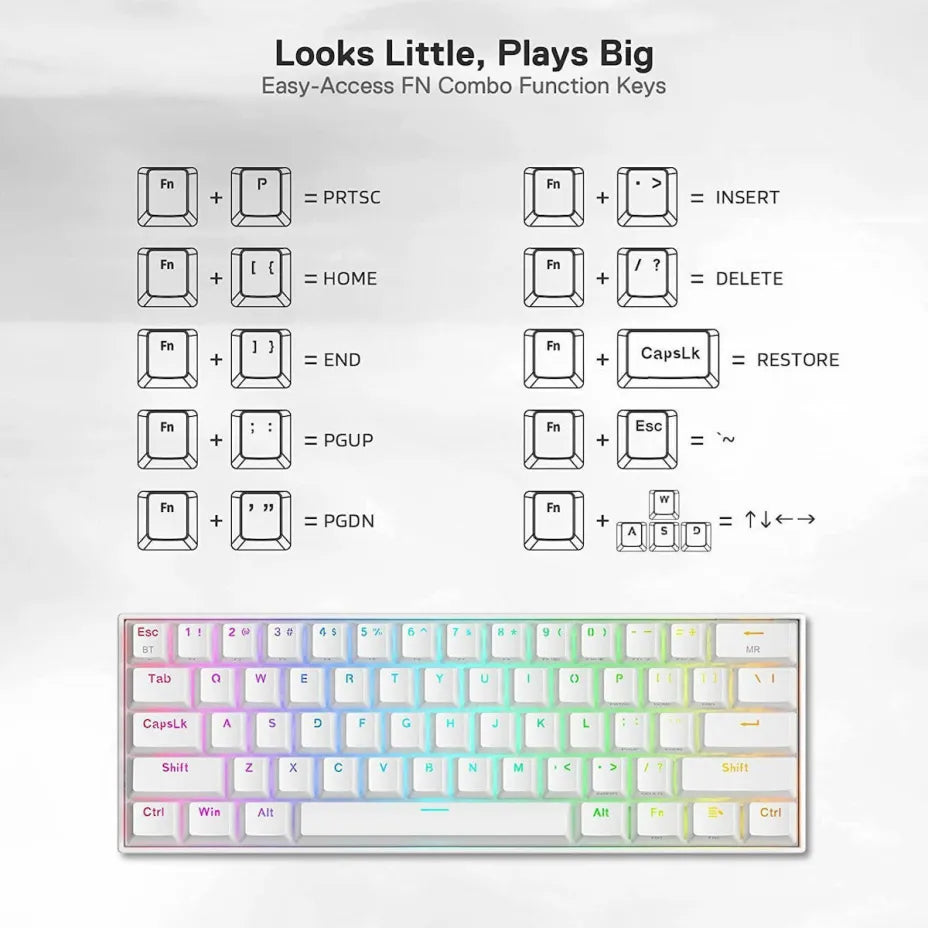 Redragon K530 Draconic Pro Wireless Gaming Mechanical Keyboard 60% with Custom Brown switches and RGB lighting (English US) White