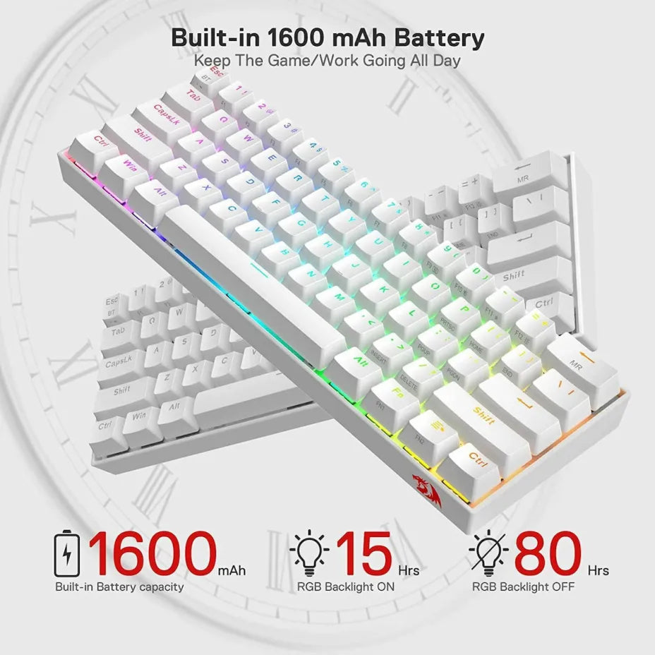 Redragon K530 Draconic Pro Wireless Gaming Mechanical Keyboard 60% with Custom Brown switches and RGB lighting (English US) White