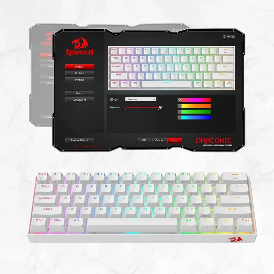 Redragon K530 Draconic Pro Wireless Gaming Mechanical Keyboard 60% with Custom Brown switches and RGB lighting (English US) White