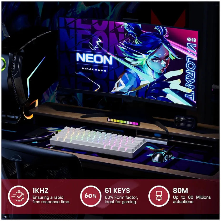 HK Gaming GK61 SE RGB Gaming Mechanical Keyboard 60% with Custom Red switches and RGB lighting (English US) White