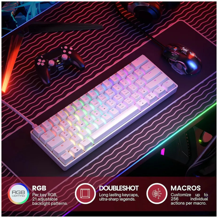 HK Gaming GK61 SE RGB Gaming Mechanical Keyboard 60% with Custom Red switches and RGB lighting (English US) White